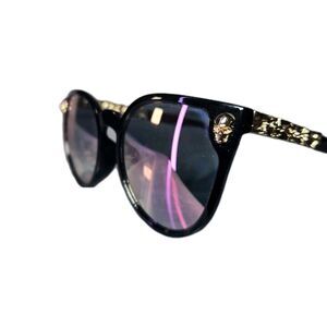 Dollger DH010 Oversized Cateye Sunglasses Black w/ Purple Lenses Gold Skulls EUC